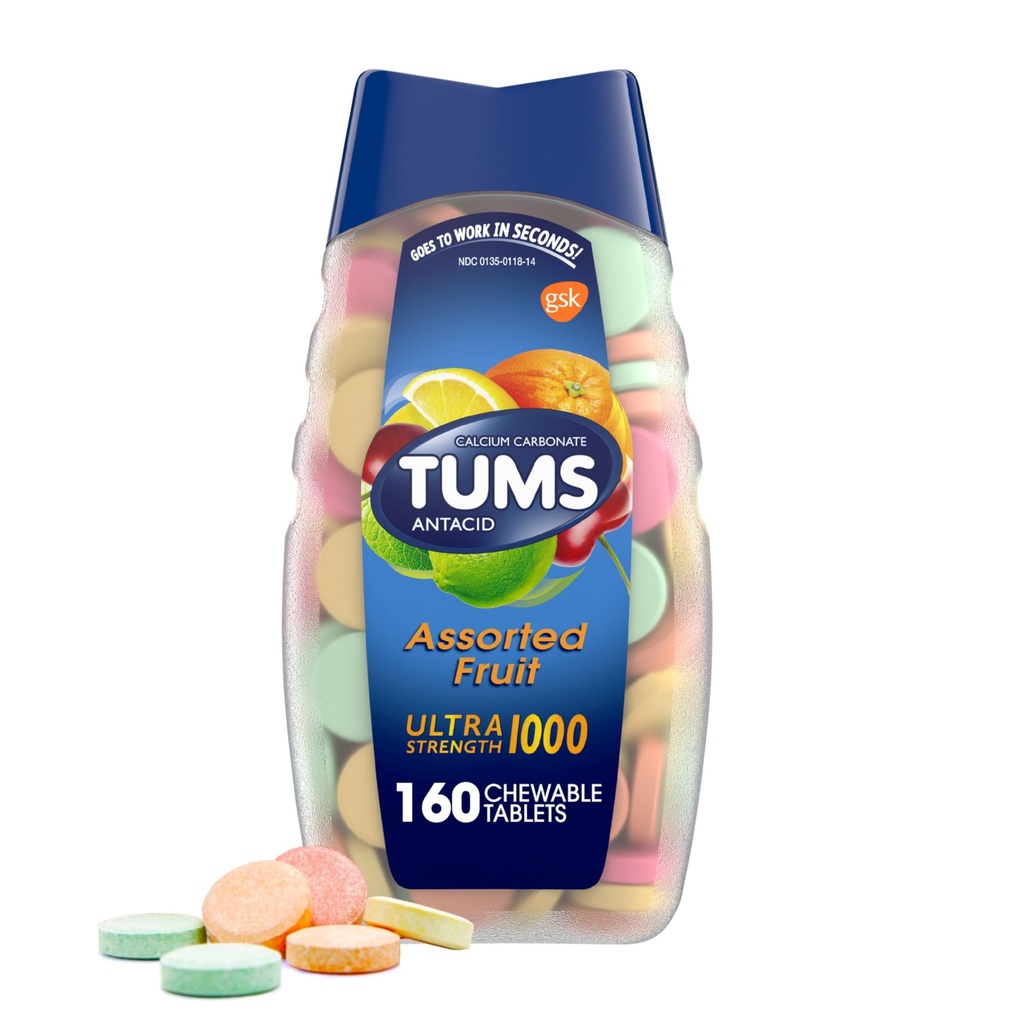 TUMS Ultra Strength Antacid Tabletten für Kaubares Sodbrennen Relief und Säure Verdauungshilfe, sortierte Frucht - 160 Zähler