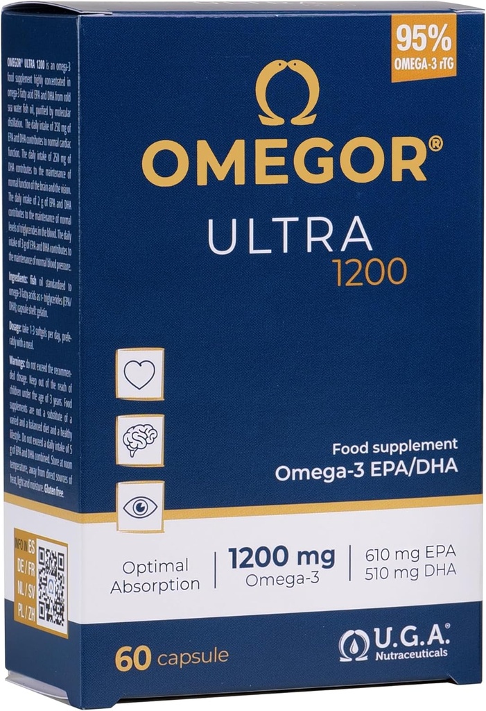 OMEGOR Omega 3 Fish Oil 1200mg Ultra - 610mg EPA and 510 DHA Omega3 IFOS Certified - High Bioavailability and No Aftertaste (60 Caps)