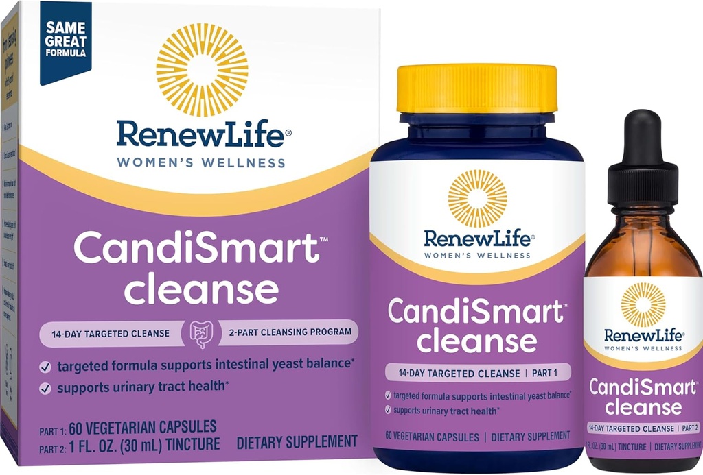 Renew Life Adult Cleanse - CandiSmart - 15-Day Yeast Cleansing Program - 2-Part Kit - Gluten & Dairy Free - 60 Vegetarische Kapseln + 1 Fl. Oz.