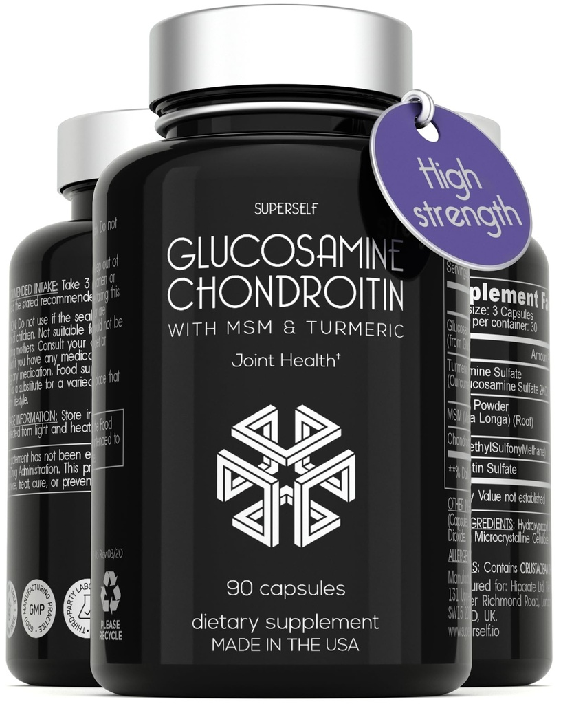 Glucosamin Chondroitin MSM mit Kurkuma - High Strength Joint Support Supplement für Erwachsene Männer und Frauen - 90 Kapseln - 1500mg Glucosamine Sulfat pro Servieren