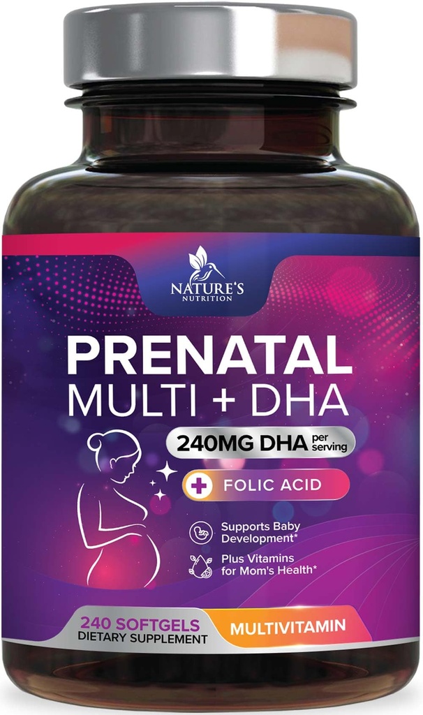 Prenatal Vitamins for Women with Folic Acid + Omega 3 DHA for Fetal Brain Development, Best Prenatal Vitamin Supplement, Daily Pregnancy Multivitamin Nutritional Support, Non-GMO - 240 Softgels