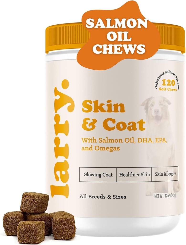 Lachsöl für Hunde Haut und Mantel von Larry | Hunde-Ergänzungen für juckende Haut & Allergy Relief | Omega 3, 4, DHA, & EPA für Haut, Mantel, Knochen, & Gelenke Gesundheit | für alle Rassen & Größen, (120 Soft Chews)