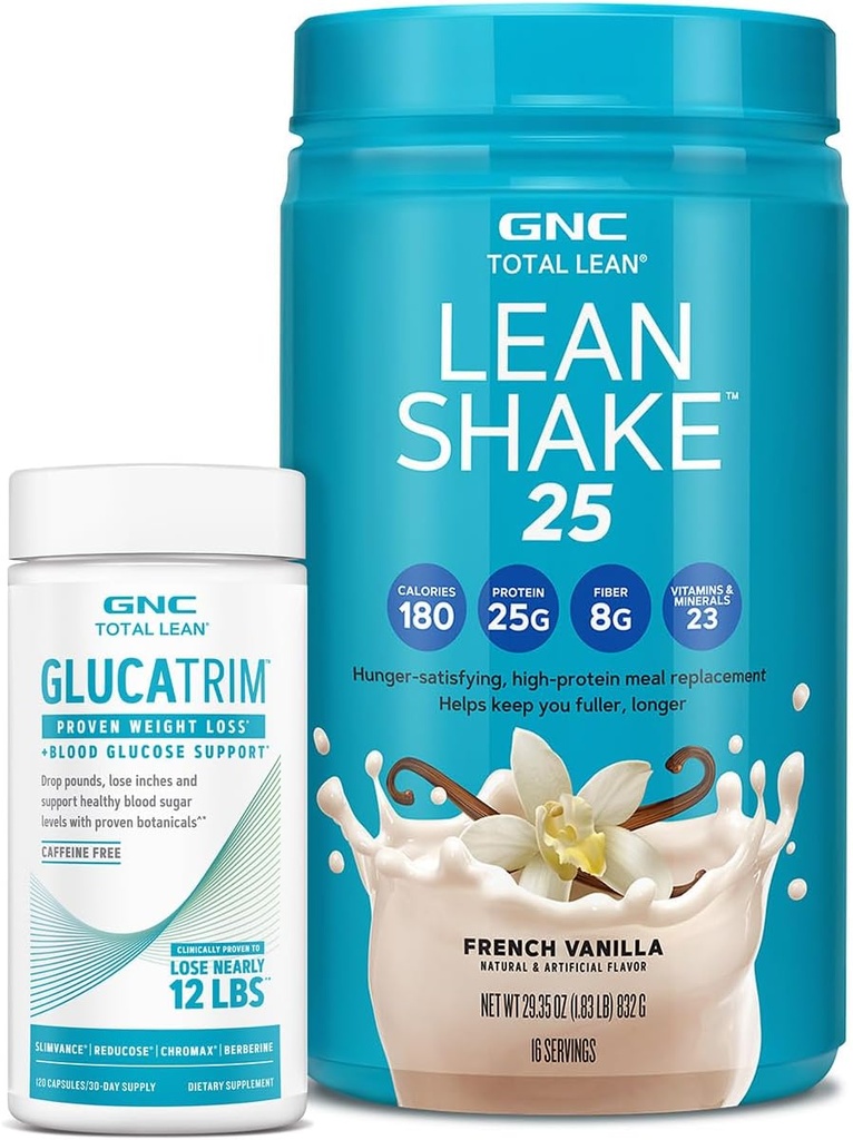 GNC Total Lean GlucaTrim - 120 Kapseln (60 Servierungen) + GNC Total Lean | Lean Shake 25 Protein Pulver | High-Protein Meal Ersatz Shake | Französisch Vanille | 16 Servierungen