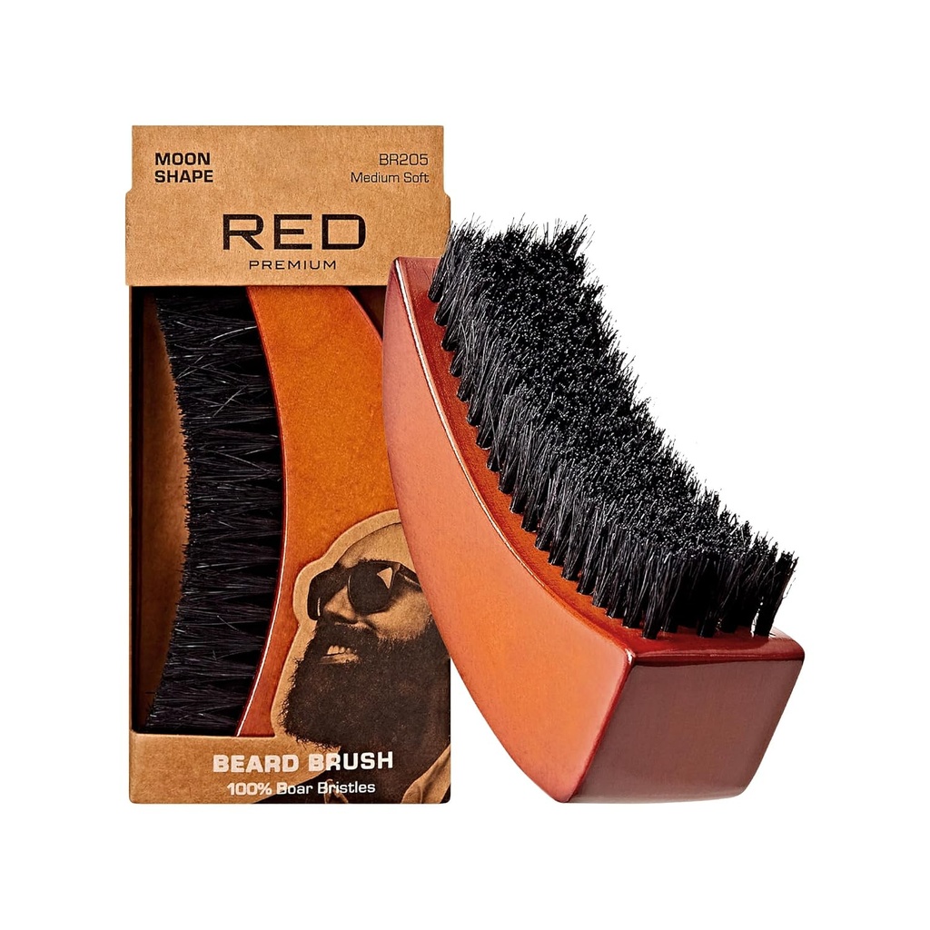 RED by Kiss Beard Brush with 100% Natural Boar Bristles for Men, Premium Wooden Brush, Beards Mustaches Grooming Shaving Comb, Tame and Soften Facial Hair (MOON SHAPE)
