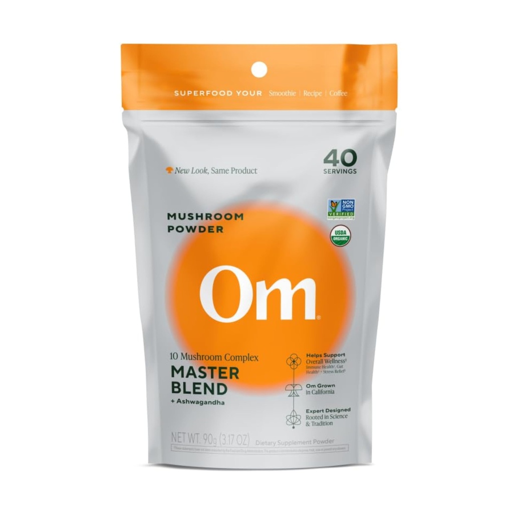 OM Master Blend Poudre de champignons – Supplément de champignons biologiques avec 10 champignons et Ashwagandha - Protection immunitaire, Gut Health & Stress Relief, 3,17 oz (40 portions)