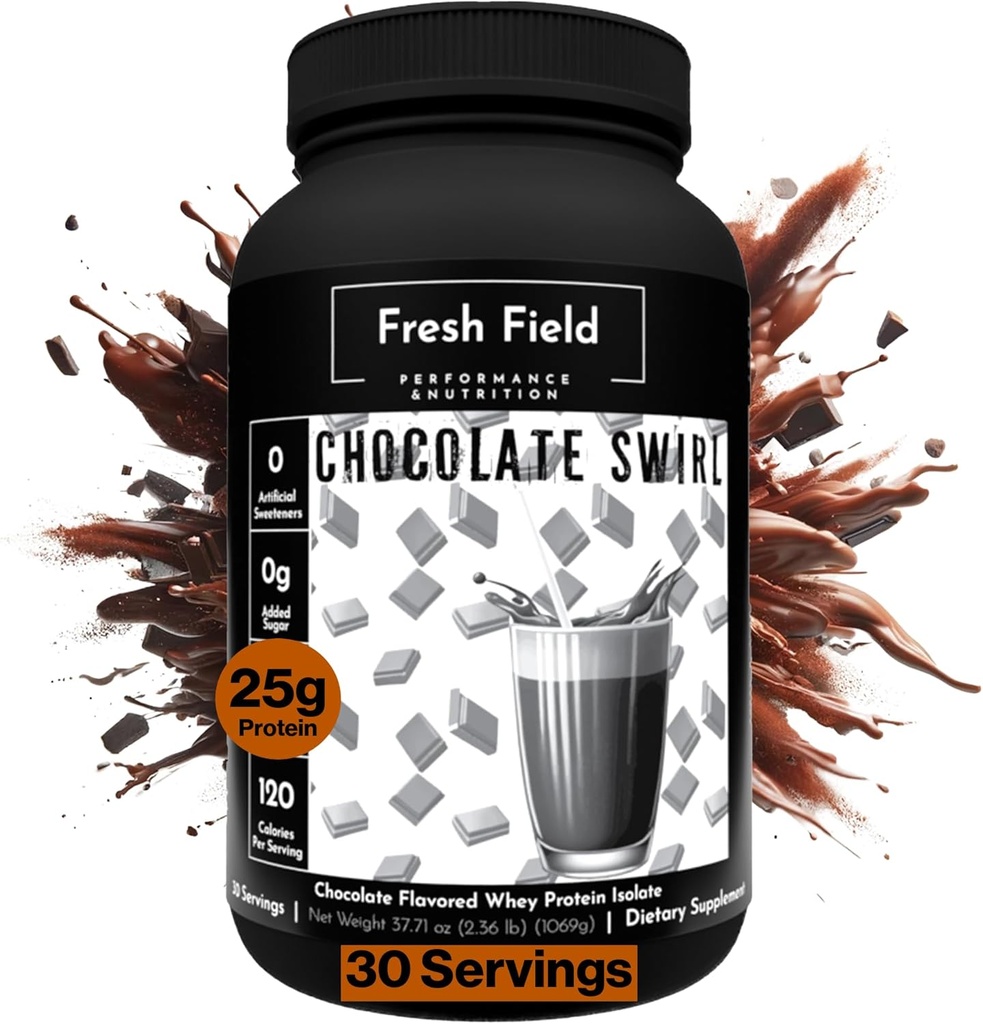 Polvere di proteine di cioccolato di campo fresco - isolato di proteine di 25g Whey, senza glutine e senza soia, senza zucchero, 30 Serve - polvere naturale di proteine del siero per allenamenti di fitness e nutrizione - 2.36 lb