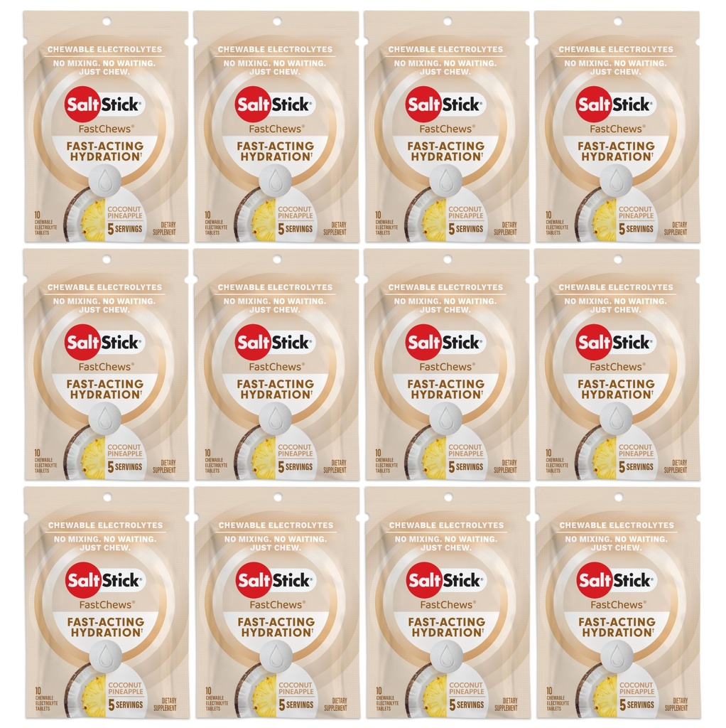 SaltStick Electrolyte FastChews - 120 Comprimé d'ananas de noix de coco - Comprimés d'électrolyte pour l'hydratation, onglets de sel - 10 Comprimé (paquet de 12)