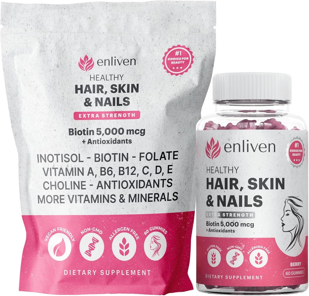 | 5000mcg Biotin + Inositol, Supporto del collagene | Vitamine per la cura della pelle per le donne e gli uomini | Crema per capelli Vegan | 60 Gummies