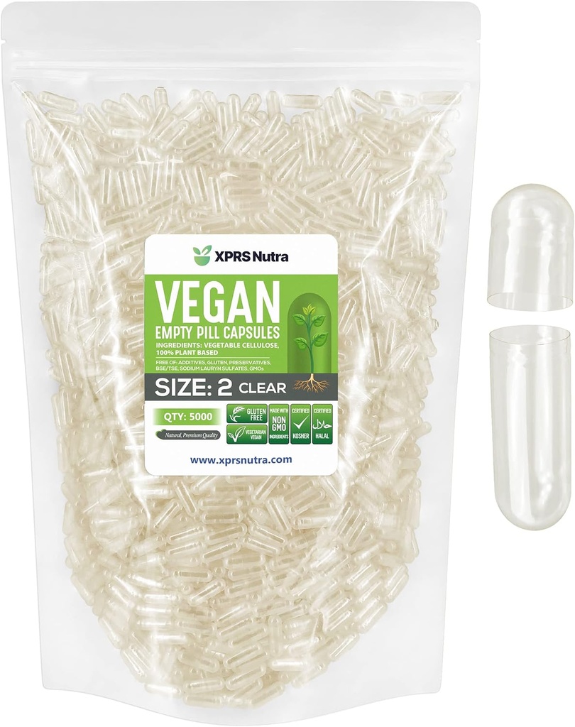 XPRS Nutra Größe 2 Leere Kapseln - 5000 Klare leere Vegan - Vegetarische DIY Gemüse Kapsel Füllung - Veggie Pillen Pillen