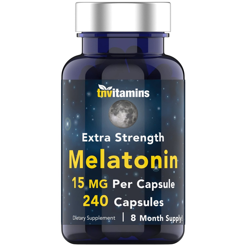 Tnvitamine Melatonin 15 MG pro Kapsel (240 Kapseln) | All-Natürliche Schlaftabletten für Erwachsene | Extra Kraft Melatonin | Nacht Schlafhilfe | Natural Sleep Support Supplement