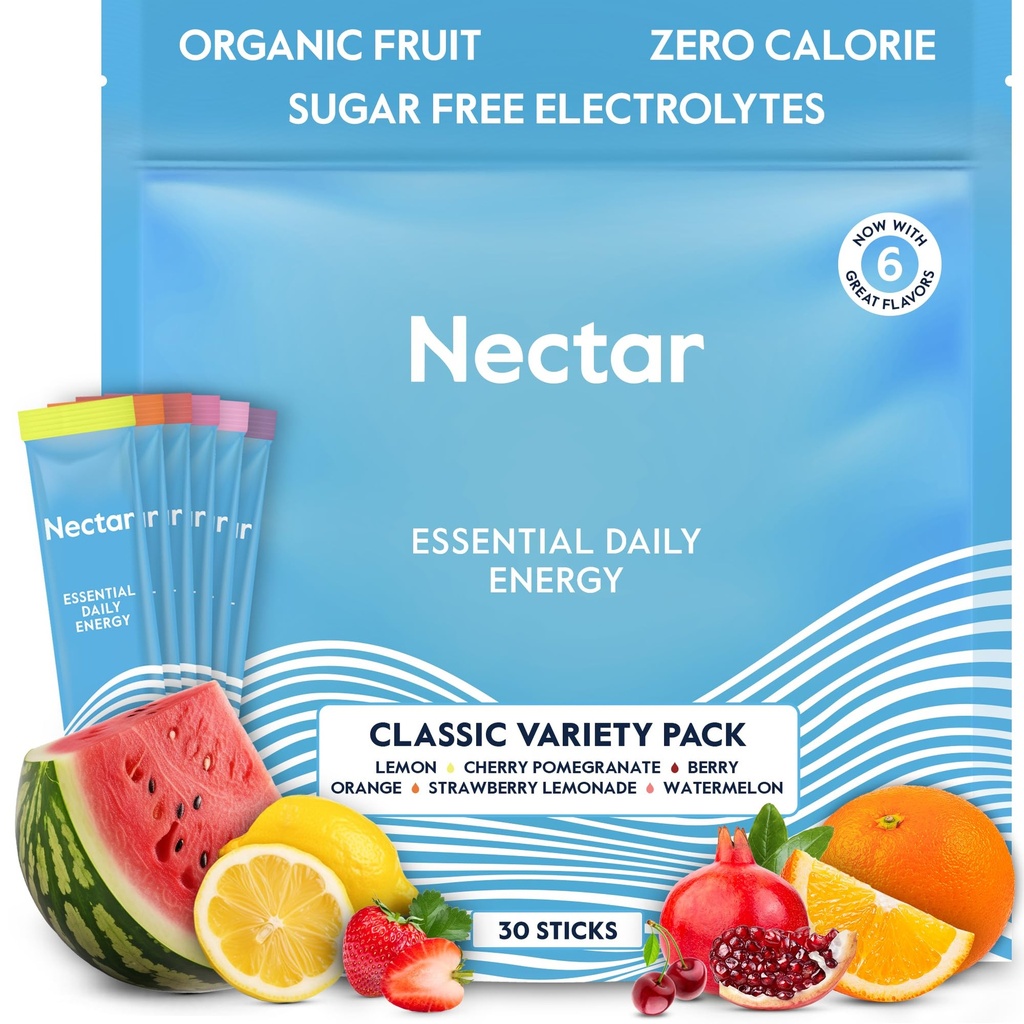 Booster d'énergie Nectar - Caféine biologique, B12 & Electrolytes - Sans sucre et sans calories – Café sain, boisson énergétique et substitut de soda – hydratation et supplément énergétique (Variety 30 powder packets)