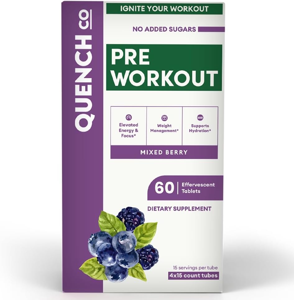Quench Pre Workout pour les hommes et les femmes Comprimés effervescents - Boosts Energy & Focus avec L-Arginine, Caféine Naturelle - Supporte la gestion du poids et l'hydratation - Vegan, Keto, sans soja 60 comte