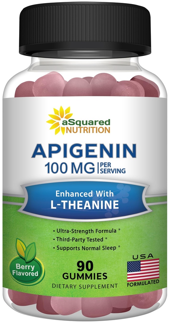 Apigenin 100mg mit L-Theanin 100mg Gummi - Apigenin Ergänzung für Schlaf - Natürliche Extrakt Gummy Alternative zu Kapseln, Pillen, Pulver & Tee - 2 Pro Servieren