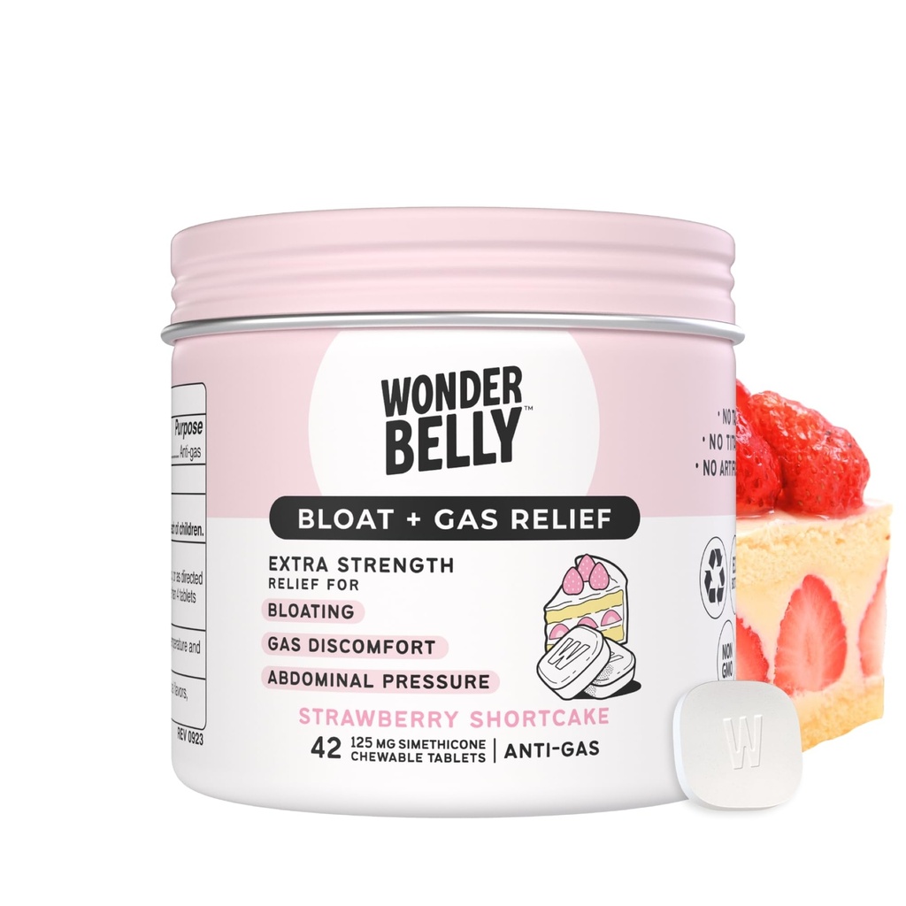 Wonderbelly Bloat + Rilievo di gas, Compresse masticabili ad alta resistenza, con 125 mg Simethicone, No Talc o Dye, Corto di fragola, 42 Conte