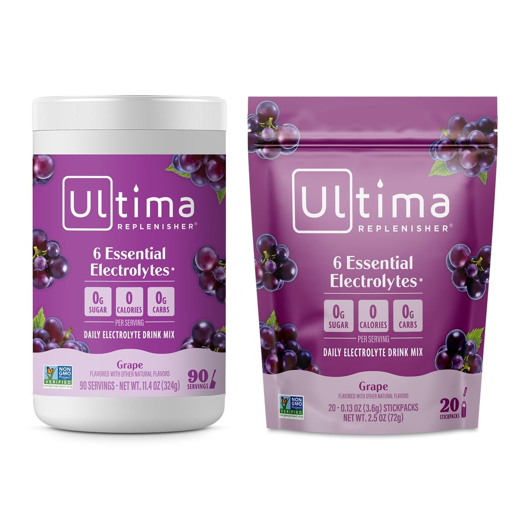Ultima Replenisher Electrolyte Powder Drink Mix Bundle – Sugar Free – Uva, 90 Canister e 20 Stickpacks – 6 Elettroliti e Minerali – Keto Friendly, Vegan, Non OGM