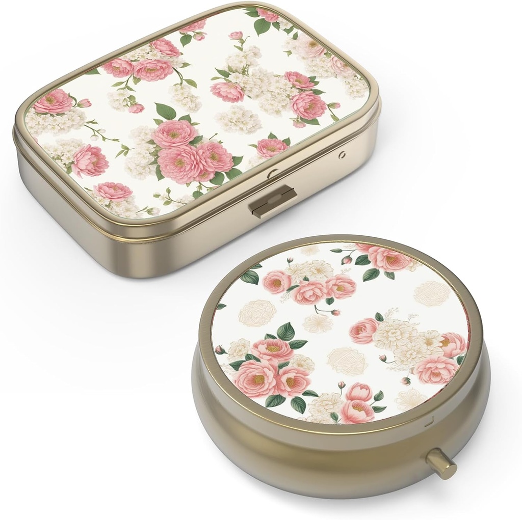Pill Organizer Pill Box with Mirror Retro Small Pill Case for Purse or Pocket Bronze Pill Box or Vitamines, Huile de poisson, Suppléments, Pill Containe Travel Gifts(2PCS-Retro Pink Floral)