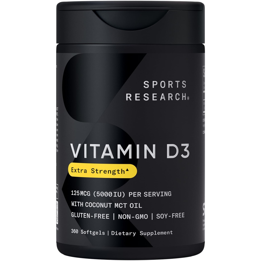 Sports Research® Vitamine D3 w/Coconut MCT Oil - Vitamine D3 5000iu (125mcg) Supplément pour le soutien immunitaire et os - Sans huile de semence - Sans OGM - Sans gluten (360 softgels liquides)
