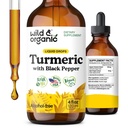 Teinture curcuma sauvage et biologique - Curcumine curcuma avec extrait de poivre noir - Supplément de soutien de la mobilité - gouttes liquides de racine curcuma - végétalien, sans sucre et sans alcool - 4 fl oz