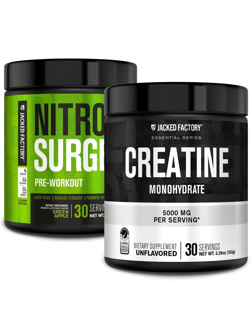Jacked Factory NITROSURGE Pre Workout Supplement (Green Apple, 30 Serve) & Creatine Monohydrate Powder (Unflavored, 30 Serve)