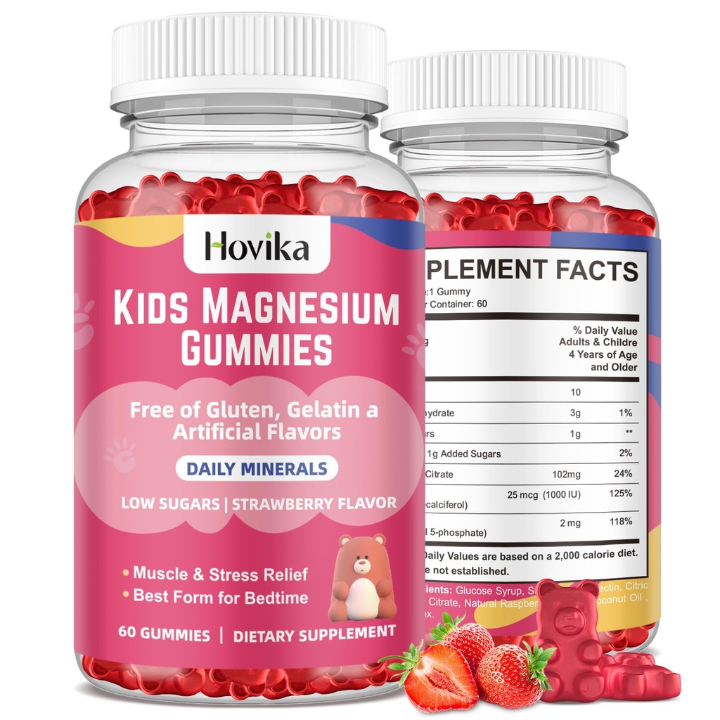 Magnesium Citrate Gummi für Kinder - Große Verkostung Kinder Magnesium Calm Supplement Unterstützung Nerve & Knochen Gesundheit, Starker Muskel für Kinder Wellness, Vegan Erdbeer Flavor Low-Sugar, 2 Pack-60 Count