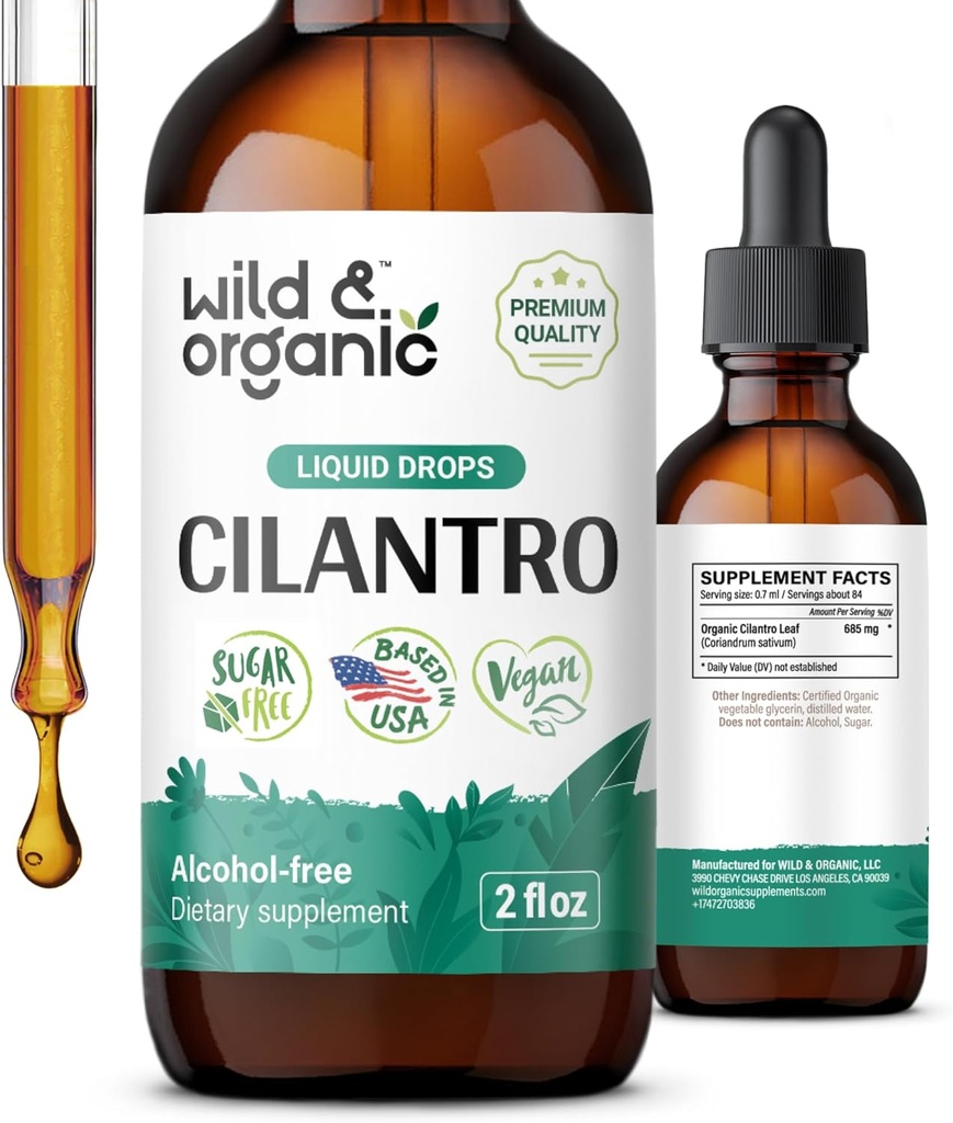 Drops de cilantro sauvage et biologique - Détox nettoyant avec supplément de cilantro liquide - Teinture d'extrait de feuille de coriandre - végétalien, sans sucre et sans alcool - 2 fl oz