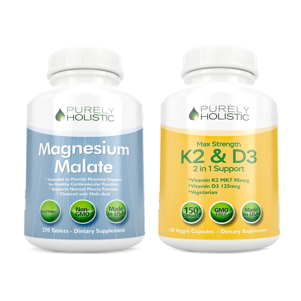 Magnesio puro olistico Malato 400mg + Vitamina D3 125mcg K2 MK7 90mcg - 270 compresse & 150 capsule - Bundle vegetariano - Made in USA