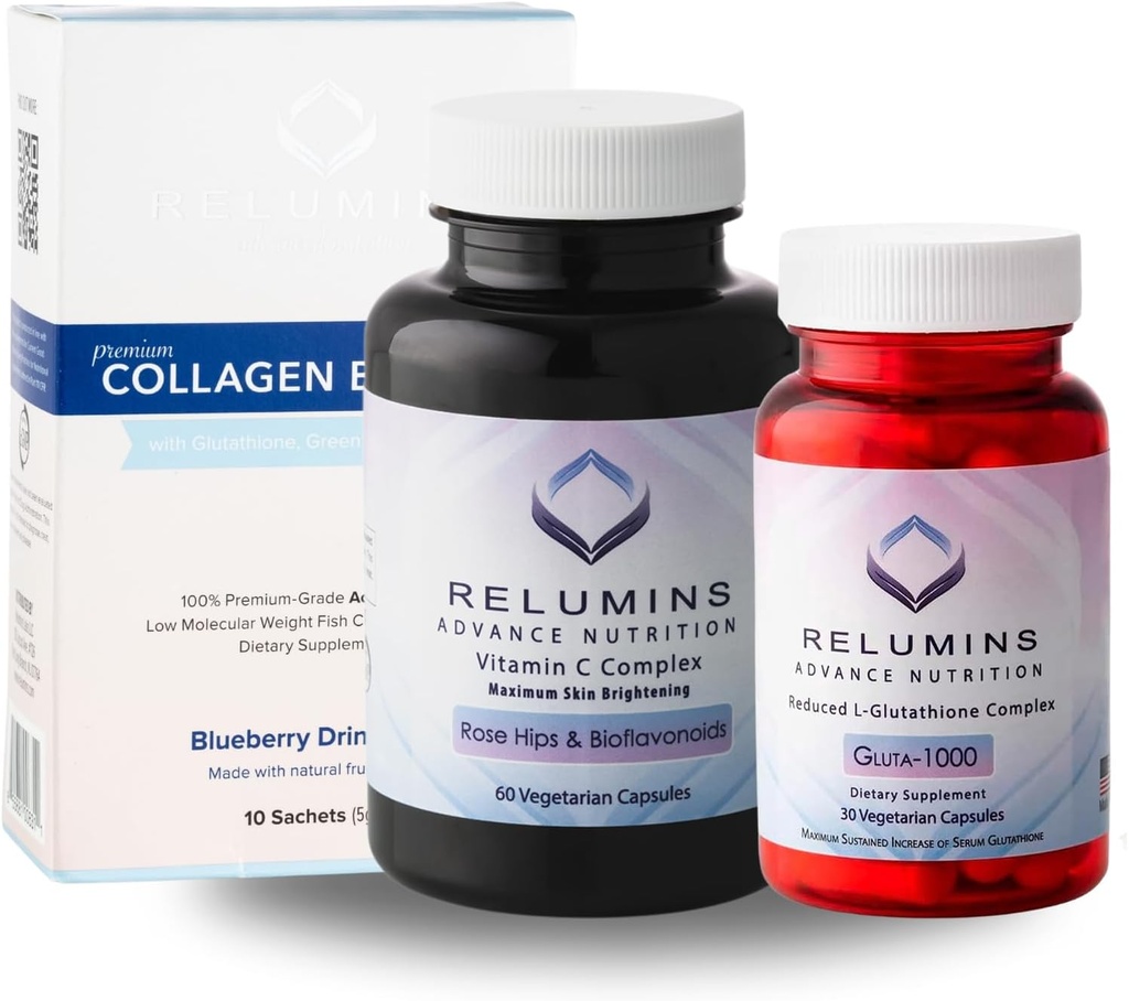 Relumins Premium Summer Glow Set – Collagen Blueberry, Glutathion 1000mg & Vitamine C – Soutien antioxydant pour la santé de la peau et le bien-être global – 3-en-1 Beauty & Wellness Kit