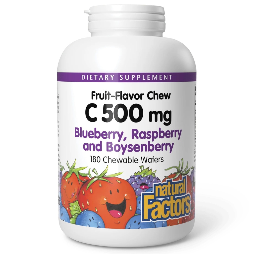 Fattori naturali Bambini Chewable Vitamin C 500 mg, Supporta la salute immunitaria, le ossa, denti e gengive, mirtillo, lampone e Boysenberry, 180 Wafers