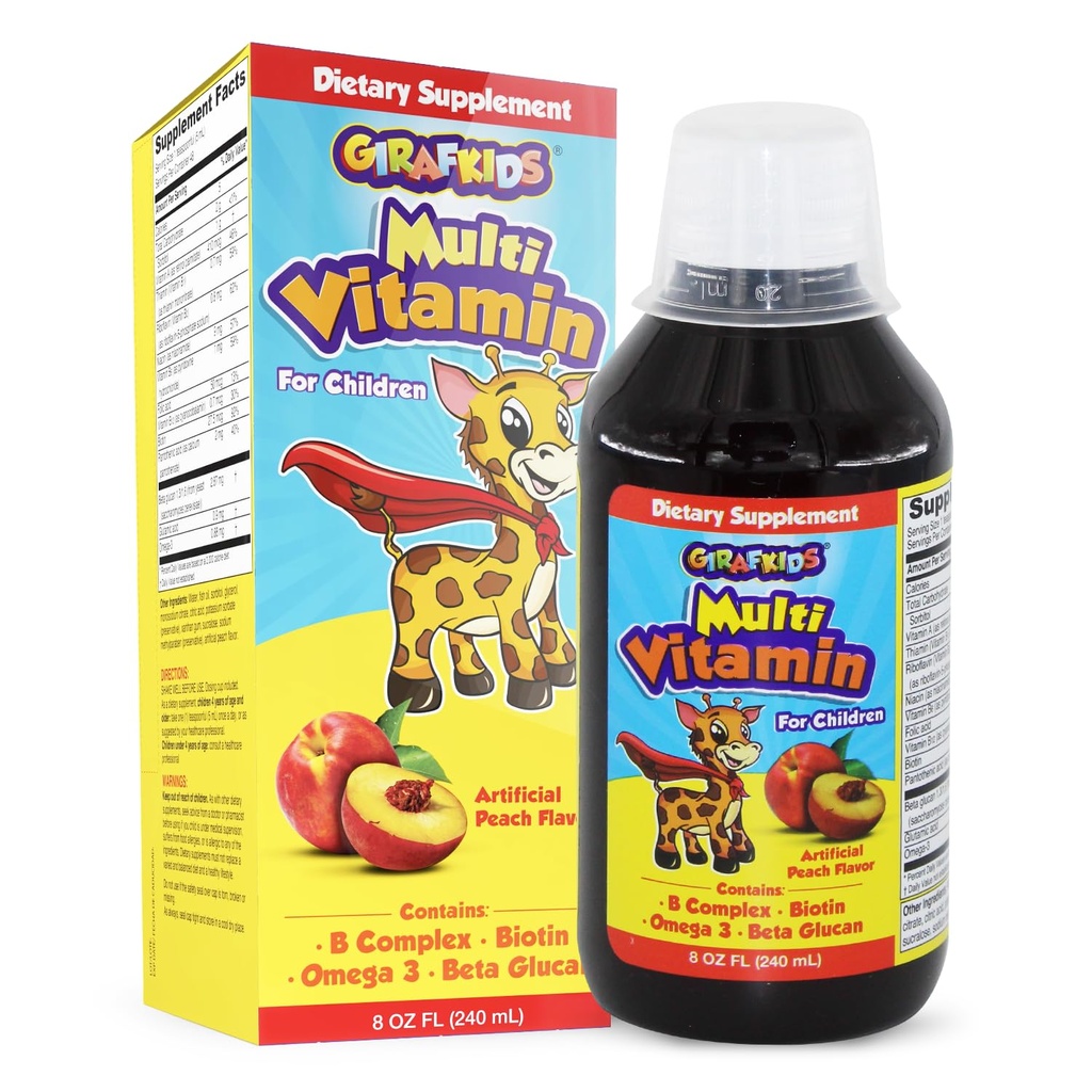 GirafKids Liquid Multivitamin für Kinder Alter 4+, 8oz - Tägliche Kinder-Vitamine mit Biotin, Vitamin A, B-Komplex, Folsäure, Omega-3 & Beta Glucan - Nahrungsergänzung für Kinder Wachstum und Energie