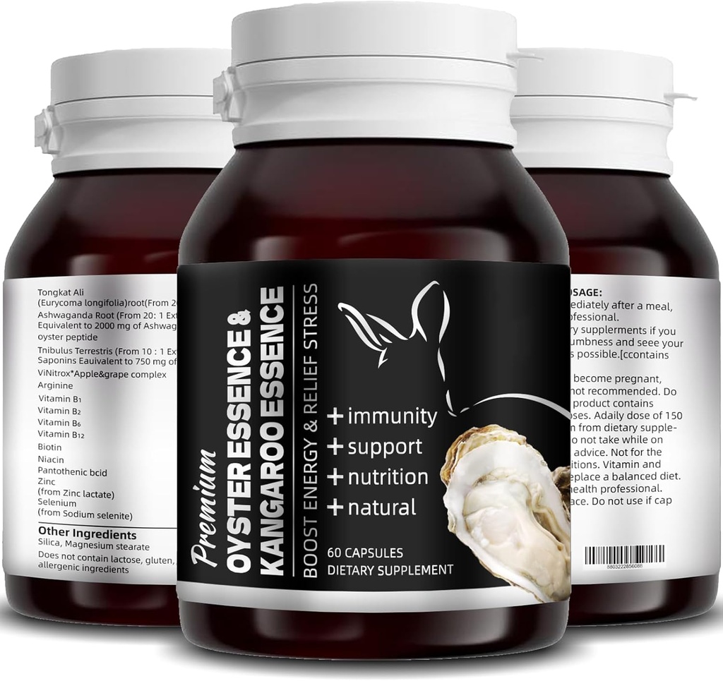 Oyster Essence e Kangaroo Essence, Oyster Extract, Oyster Supplement Peptides Capsule, Oyster Extract - Pure, for Men & Women - Supporta l'energia e l'immunità Boost, 60 capsule (1)