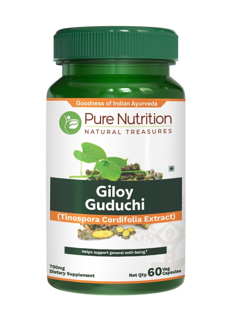 Pure Nutriton Giloy Guduchi Extract 700mg Capsule. (Equivalente a 5200mg Giloy Powder). Non OGM | Una volta al giorno | 60 giorni di alimentazione.