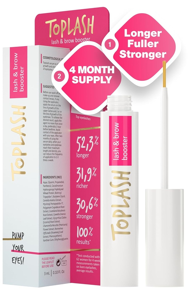 TOPLASH Wimpernwachstum Serum - Innovative Formel für längere, dünnere, Fuller Brows & Lashes - Natürlich, Cruelty-Free & Allergiker - 0.10 fl.oz.