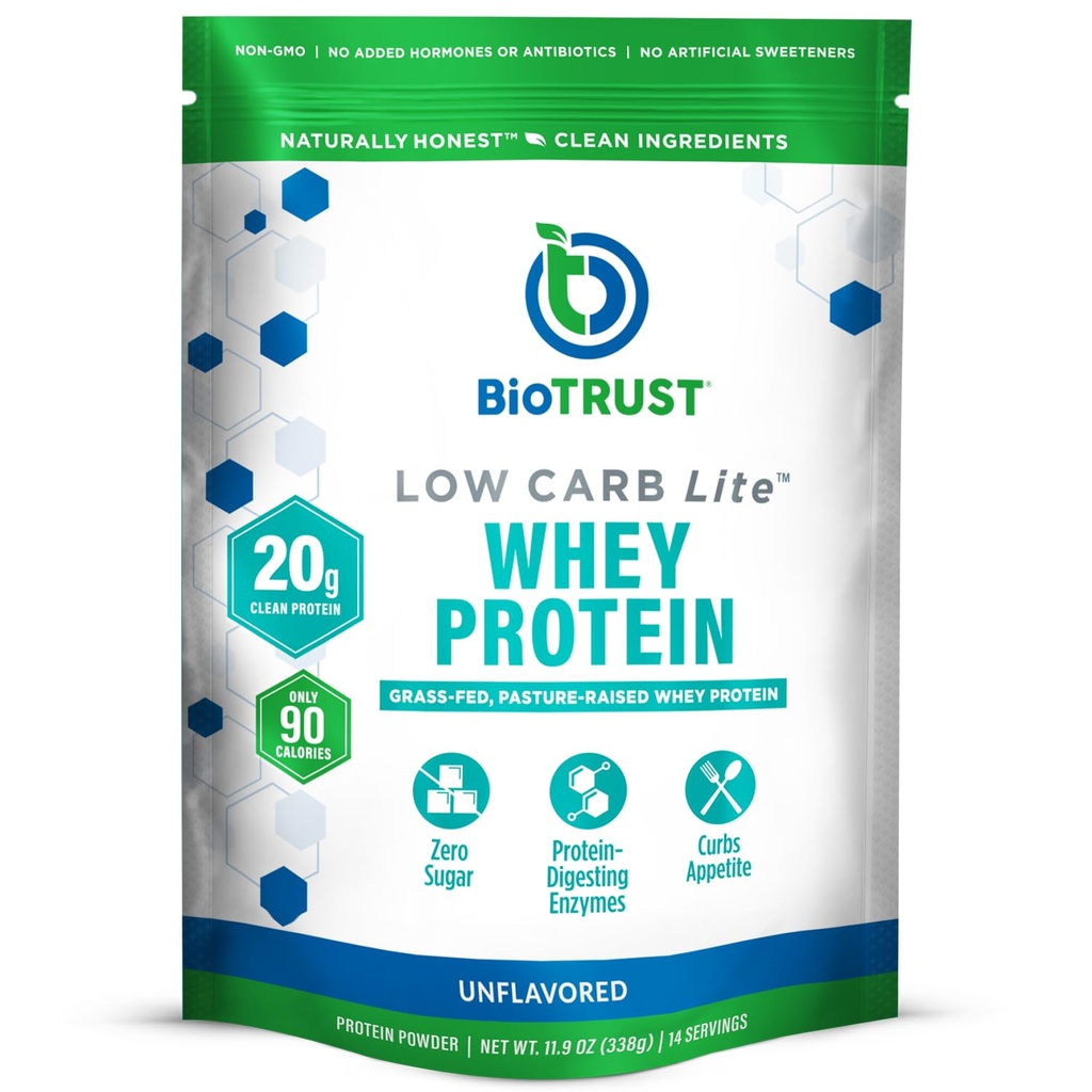 BioTrust Low Carb Lite, Polvere proteica a basso contenuto di calorie – Carbo basso, Zucchero Libero, Basso Sodio, Polvere di proteina di Keto – 20g Grass-Fed Whey Protein Isolate con enzimi digestivi – Unflavored, 14 Servings