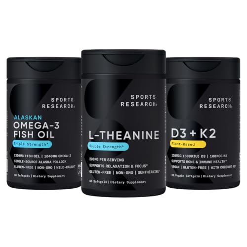 Sports Research Body Wellness Pack - Doppia resistenza L-teanina (Suntheanine) Supplemento 200mg, Triple Strength Omega 3 Fish Oil (1250mg) e Vegan Vitamin D3 (5000 IU) + K2 (100mcg Mk7)