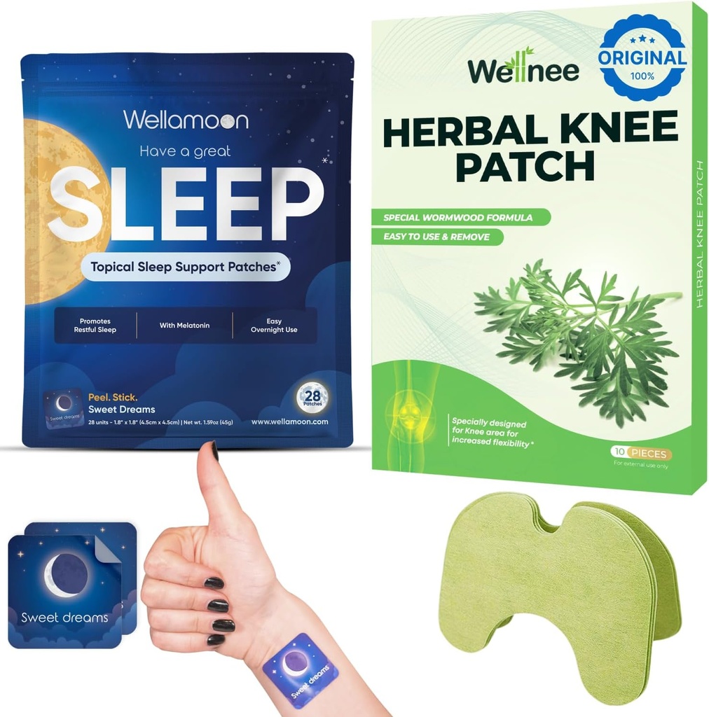 Wellnee & Wellamoon Wellness Pack: Herbal Knee Comfort Patches (10 Count) & Natural Sleep Support Patches (28 Count) – Joint & Muskel Comfort mit pflanzenbasierter Schlafhilfe