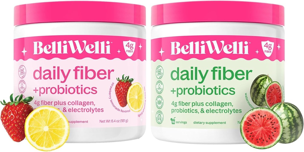 Belli Welli Daily Fiber Supplement Bundle - Lémonade aux fraises et pastèque - Collagène, probiotiques et électrolytes pour un bien-être équilibré - Saveurs rafraîchissantes, 32 portions Total