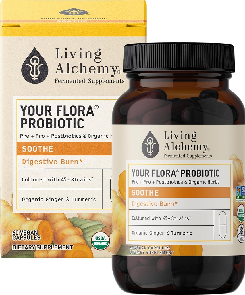 La tua Flora Probiotic Soothe – Probiotici non OGM con Soia Fermented, Ginger, & Turmeric per Equilibrio Gut, Digestione, & Supporto – Prebiotici, Postbiotici, Enzimi Digestivi – Alchimia Vivente, 60 Pcs