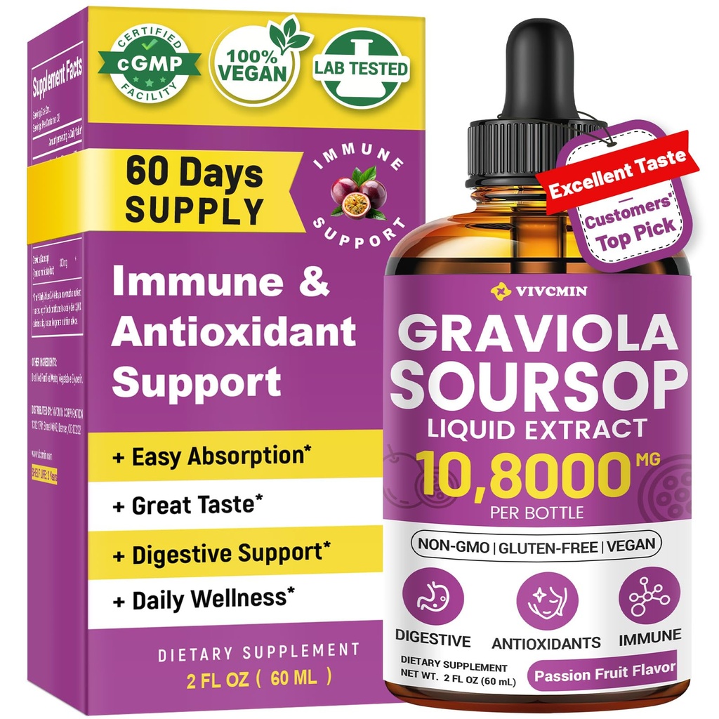 Graviola Extrait de feuille de sourcil liquide - Amandes de sourcil liquide, support immune, détente, foie et sommeil, sans sucre et sans alcool, formule hautement absorbante, goût de fruits de la passion, 2 Fl Oz