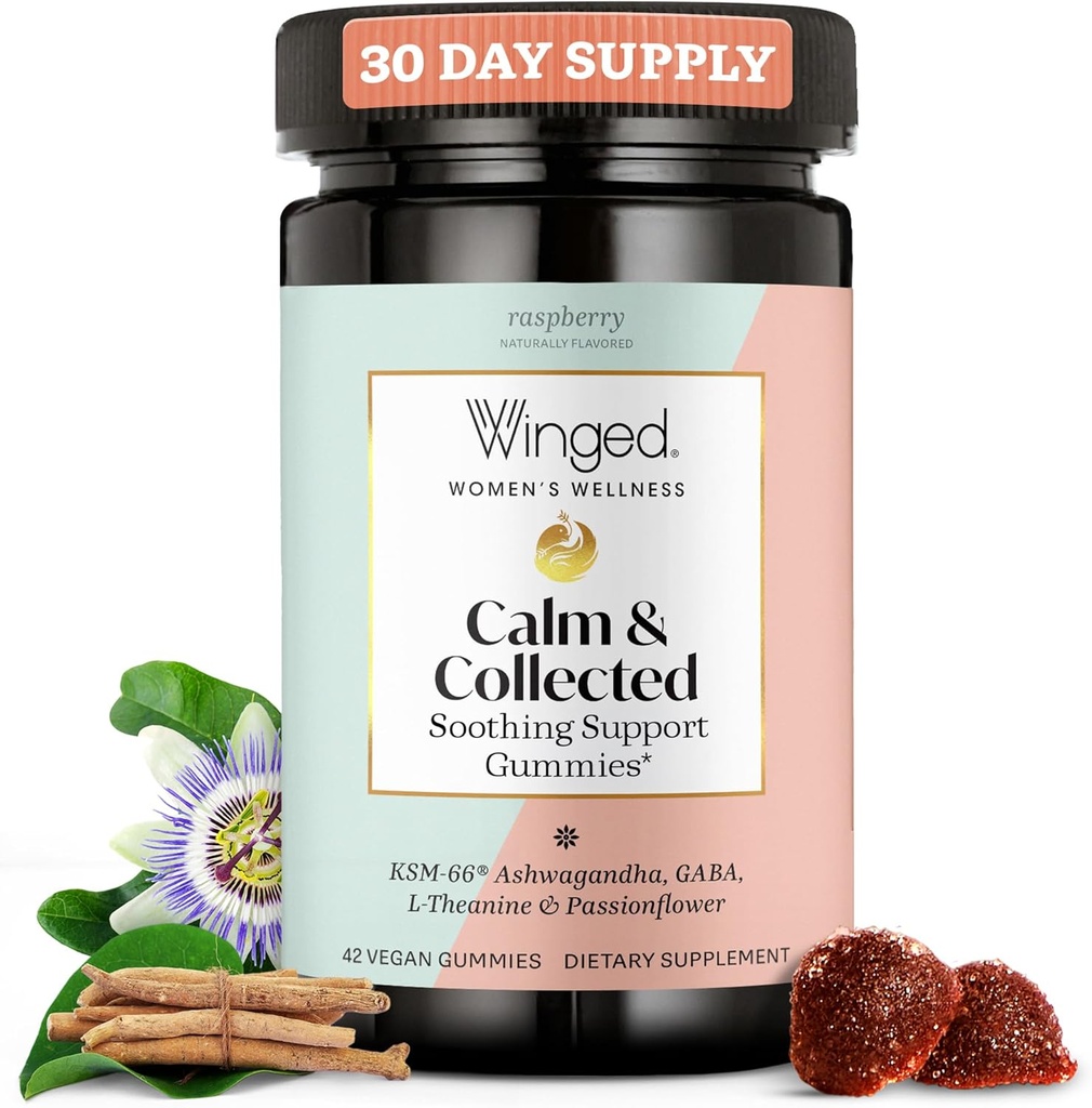 Winged Wellness Calm & Collected, Stress Relief Gummis - Stress Support Supplement mit KSM-66 Ashwagandha, L-Theanine, GABA & Passionflower - Vegan & Glutenfreie Gummy - Raspberry, 42 Count
