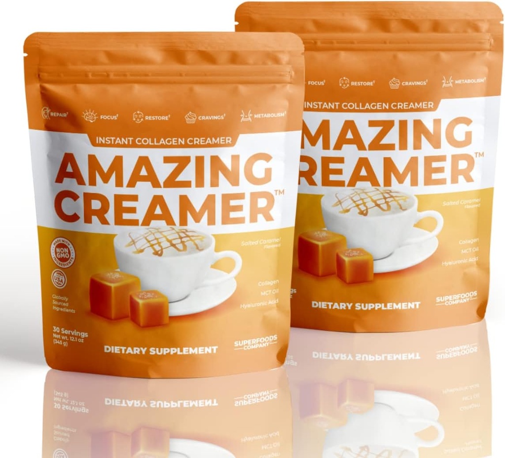 Superfoods Company Amazing Creamer mit Collagen - Keto Creamer-Hyaluronsäure & MCT Öl - Brain Boost & Curbs Cravings - Unterstützt gesunde Haut & Haare - Diät-Friendly [60 Servietten] [Salted Caramel]