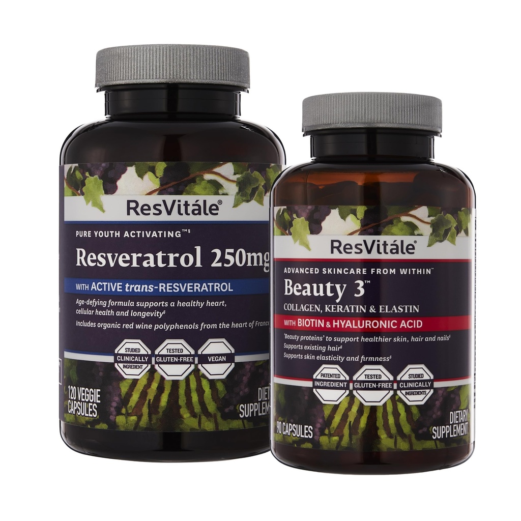 ResVitale Beauty 3 - Hautpflege Beilage mit Kollagen, Keratin & Elastin - 90 Kapseln & Resveratrol 250 mg - Resveratrol Beilage für Männer und Frauen - 120 Veggie Kapseln