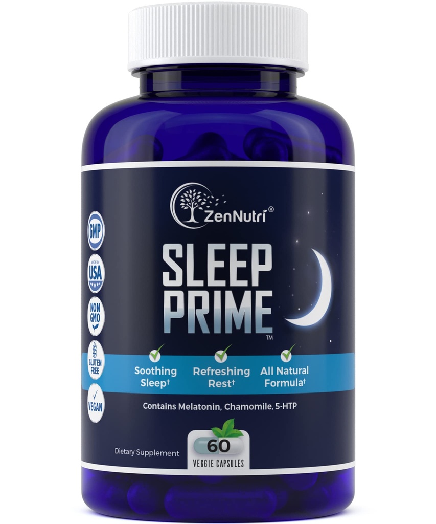 Sleep Prime Vegan Natural Sleep Aid for Adult Extra Strength - Supplemento al sonno profondo - Herbal Sleeping Pill - Stress Relief - Melatonin, GABA - 60 tappi di verdure