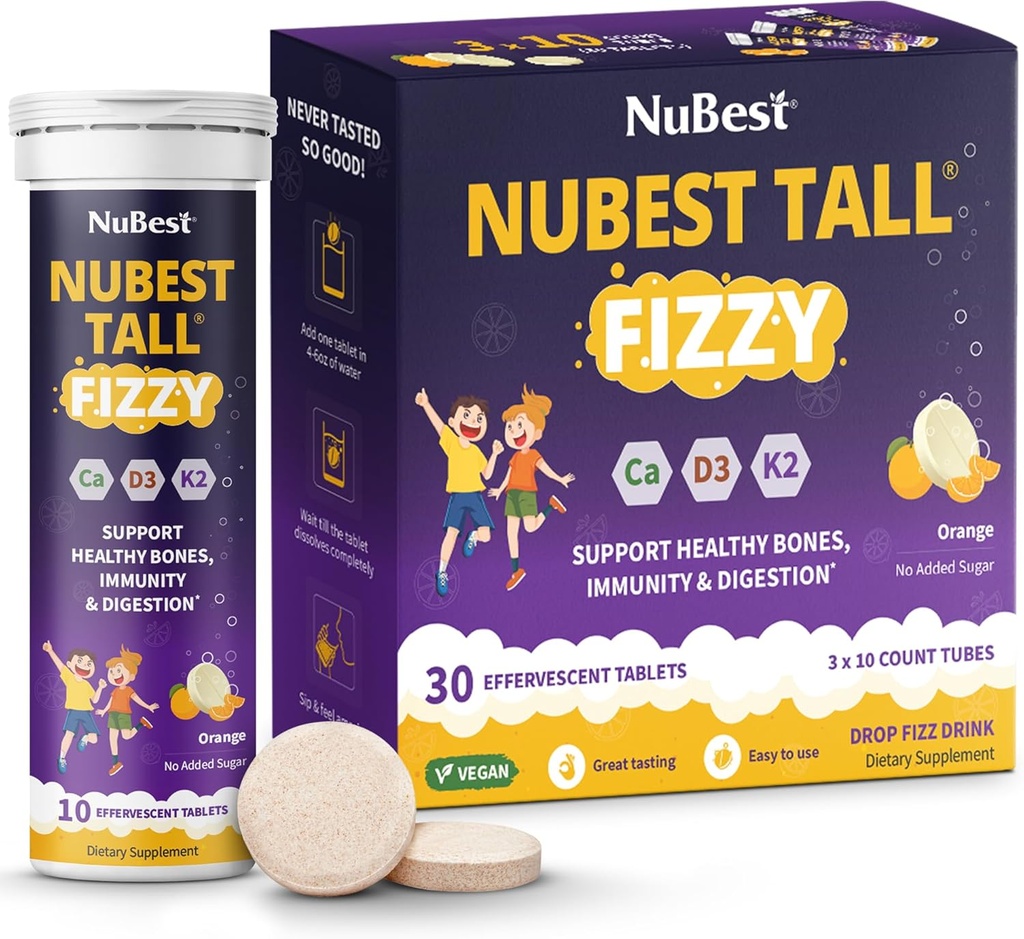 NuBest Tall Fizzy - Knochenstärke, Immunität, Verdauungsgesundheit für Kinder Alter 4+ & Teens | Probiotic, Calcium, Magnesium von Red Marine Algae, Vitamine | 30 Orange Effervescent Tablets | Pack 3