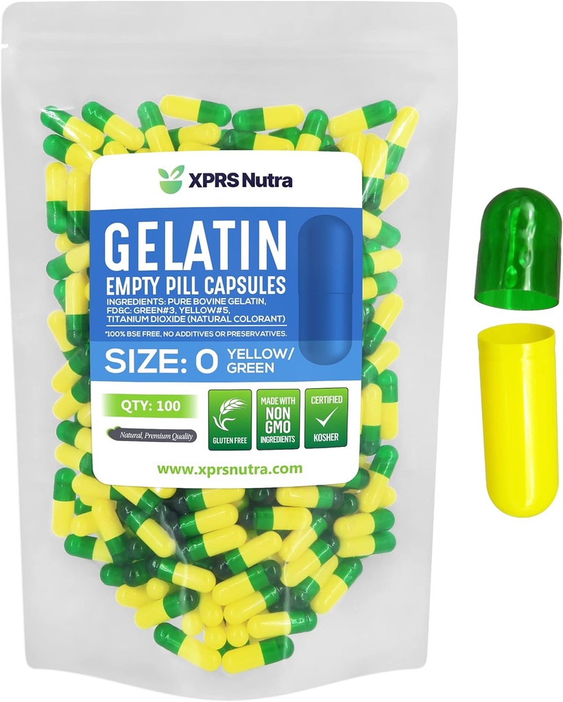 XPRS Nutra Größe 0 Leere Kapseln - 100 Graf Leere Gelatine Kapseln - Pillen DIY Kapsel Füllung - Pure Bovine Pill Gel Kapseln für Do-It-Yourself Ergänzungen (Grün/Gellow)