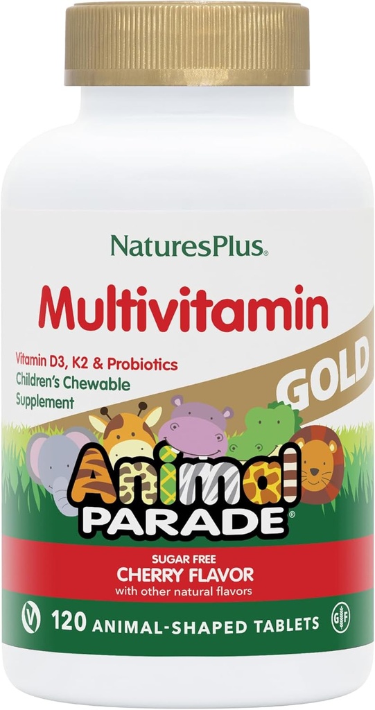 NaturesPlus Animal Parade Gold Children's Chewable Multivitamin - Natural Cherry Flavor - 120 Animal Shaped-Tablets, Confezione da 2 - con Vitamina D3, K2 & Probiotics - 120 Total Servings