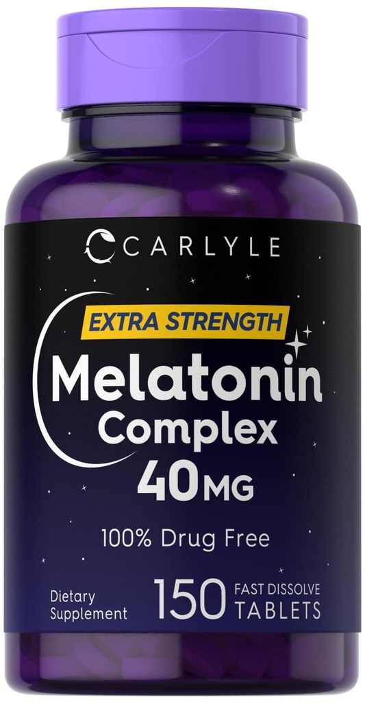 Carlyle Melatonin 40mg Complex | 150 Fast Dissolve Tablets | Extra Strength Support | mit Ashwagandha und Kamille | Vegetarisch, Non-GMO, Glutenfreie Ergänzung
