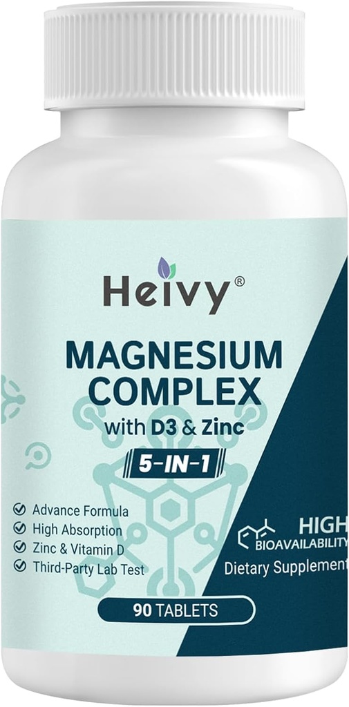 Magnesio Complesso 3 Confezione, Magnesio Glycinate, Citrato, Malato, Ossido, Gluconato con Zinco e Vitamina D3, Magnesio Supplemento per Muscolo, Neve, Cuore, Bone Support, Alta Assorbimento, 270 Tablet