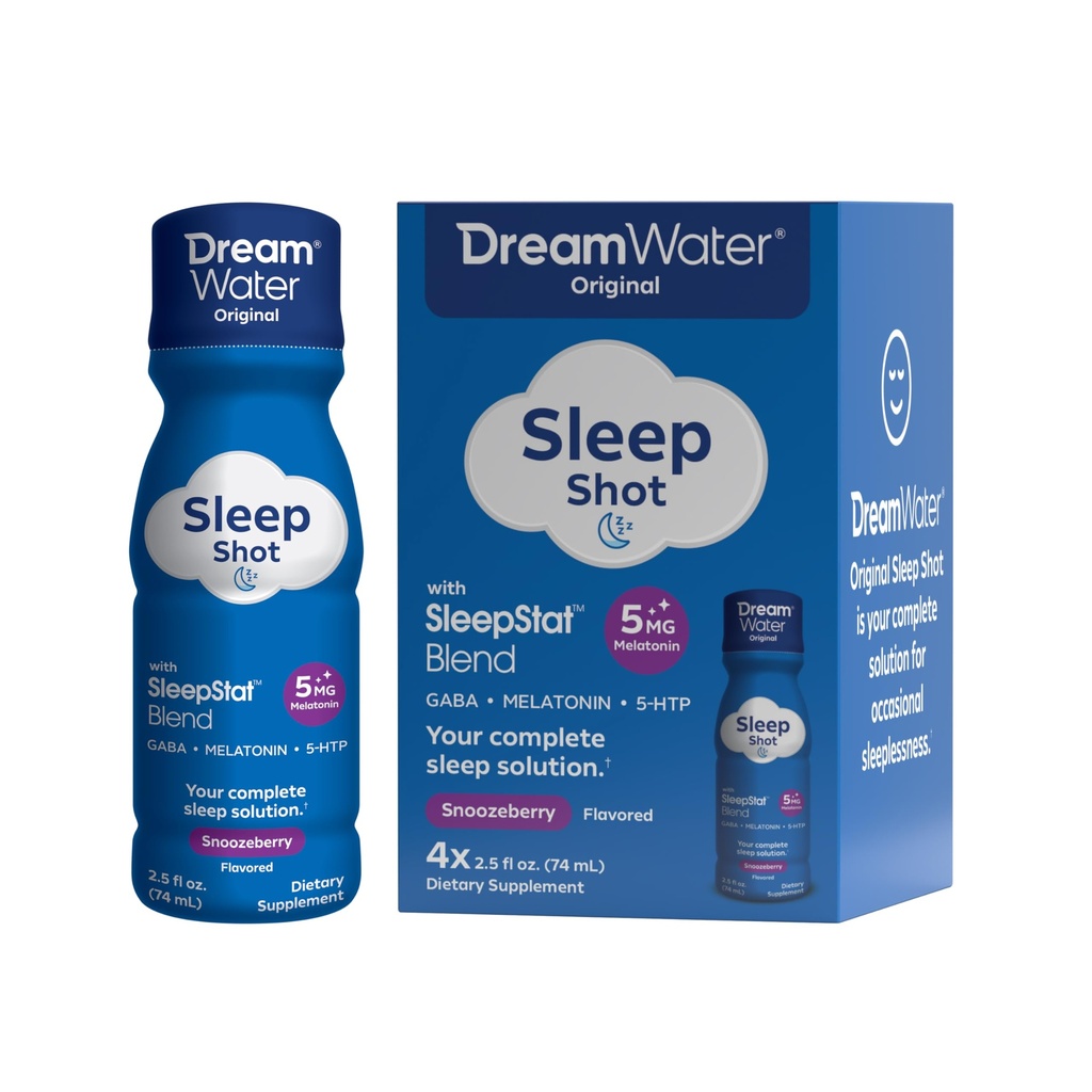 Dream Water Sleep Aid Supplement Getränk; Melatonin 5mg, GABA, 5-HTP; Zero Sugar, Natural Flavors, No Added Colors, 2.5 oz Liquid Sleep Shots, Snoozeberry, 4-Count