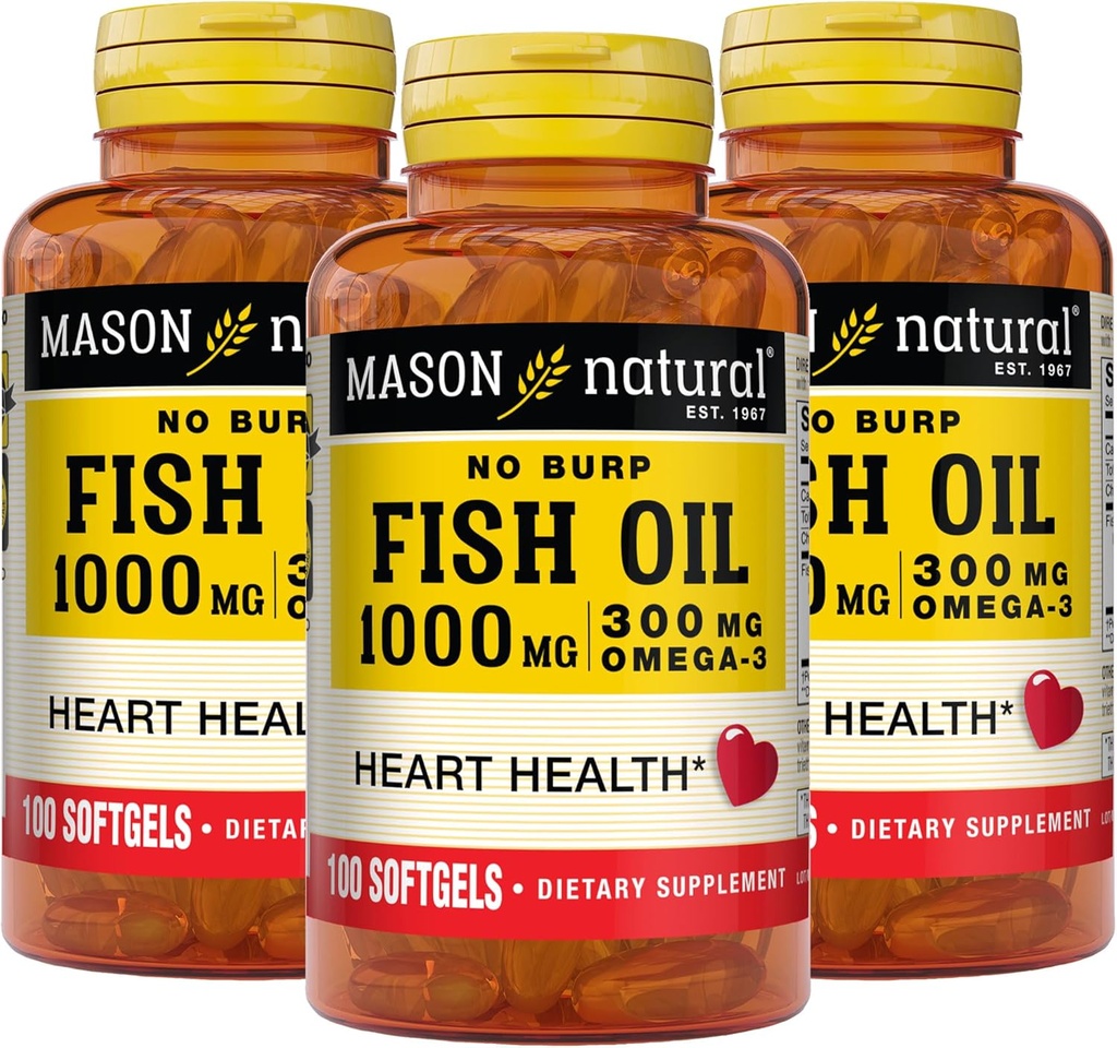 Mason Natural No Burp Fish Oil 1000 mg Omega,3 300 mg, Unterstützt normale Herzgesundheit, 100 Softgels (Pack von 3)