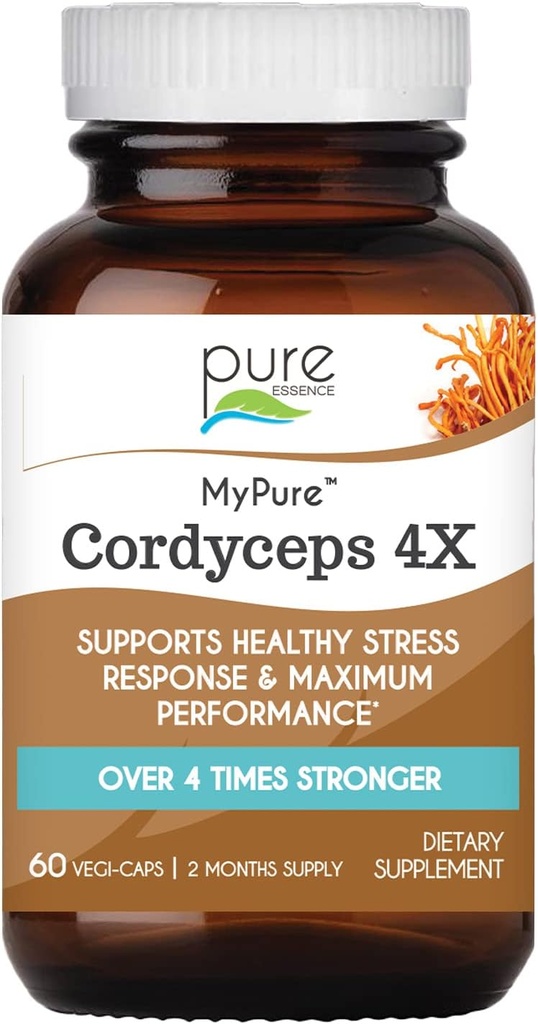PURE ESSENCE LABS MyPure Cordyceps 4X Mushrooms - Concentrated Cordyceps Mushroom Powder Supplements for Immune System, Stress Response, Physical & Mental Performance - 2 mesi di fornitura